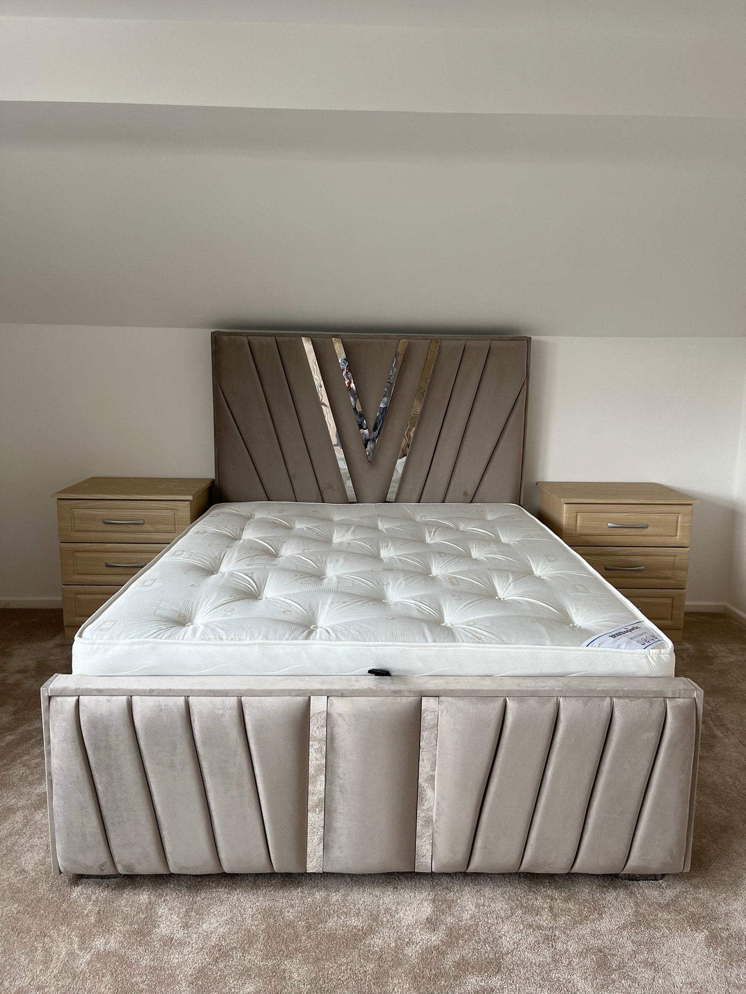 V Frame Luxury Bespoke Bed Custom Velvet Upholstery in Various Fabrics